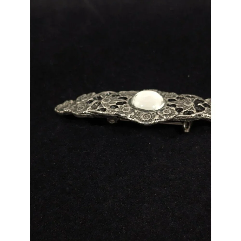 Vintage Victorian Style Floral Bar Brooch Clear Glass Cabochon Pin‎ Silver Tone